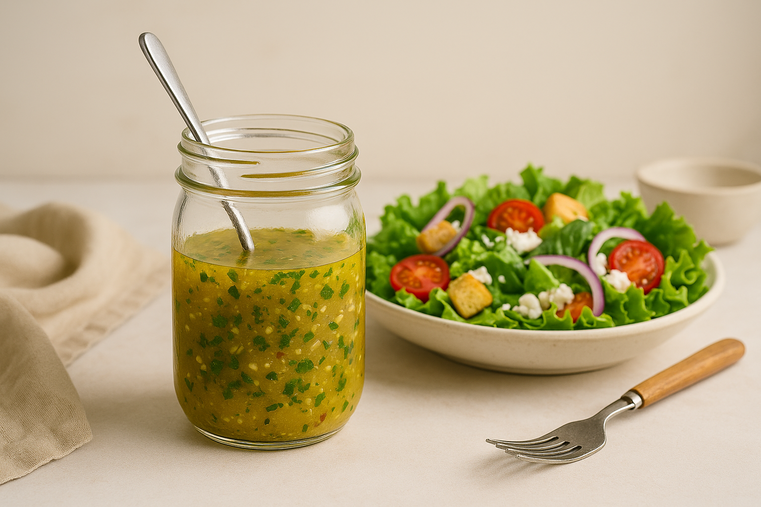 Jar of homemade Classic French Vinaigrette with fresh herbs, next to a crisp Romaine salad with cherry tomatoes, red onions, and croutons