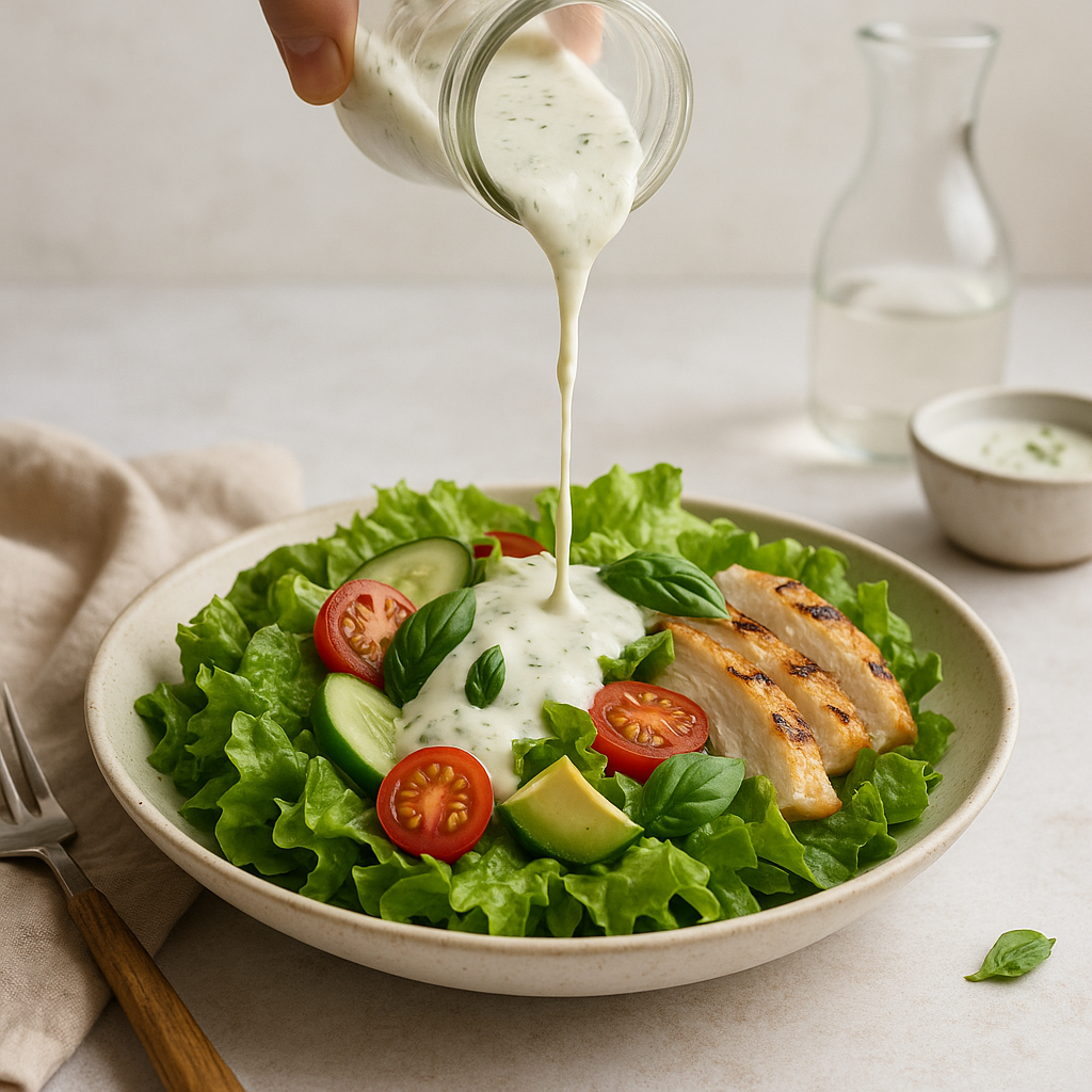 Homemade creamy lemon basil salad dressing with fresh basil leaves and lemon slices in a rustic ceramic bowl. Created by LivFarms.com.